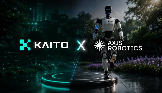 A promotional graphic shows a humanoid robot standing on a platform with the logos 'KAITO' and 'AXIS ROBOTICS' against a dark, futuristic background.