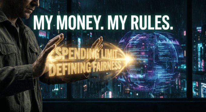 A promotional image with the text 'MY MONEY. MY RULES.' and 'SPENDING LIMIT DEFINING FAIRNESS' showing a man gesturing toward a glowing digital sphere.