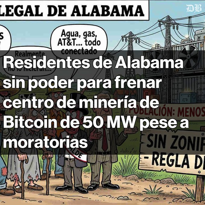 A political cartoon-style illustration with the Spanish headline 'Residentes de Alabama sin poder para frenar centro de minería de Bitcoin de 50 MW pese a moratorias,' depicting a community confronting power lines.