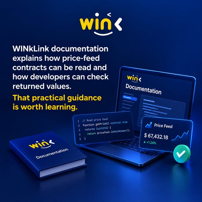 A promotional graphic for WINkLink documentation explaining price-feed contracts and how developers can check returned values, showing code snippets and a price feed of $67,432.18.