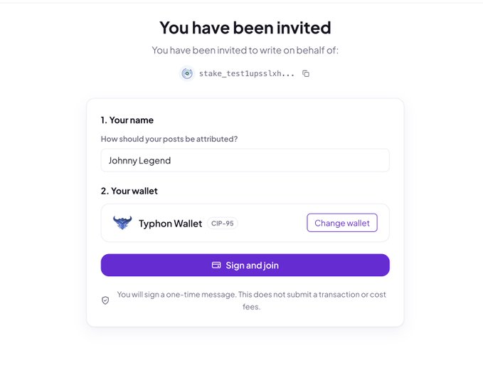 A digital invitation screen reading 'You have been invited' to write on behalf of 'stake_testlupsslxh...', displaying the name 'Johnny Legend' and a 'Typhon Wallet' option with a purple 'Sign and join' button.