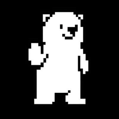 A pixel art illustration of a white bear standing upright and waving its paw against a black background.