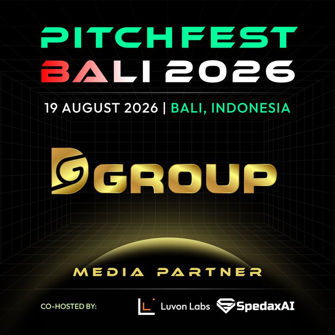 A promotional graphic for Pitch Fest Bali 2026, featuring event details (19 August 2026, Bali, Indonesia) and displaying the "DGroup" logo as Media Partner, with co-hosts Luvon Labs and SpedaxAI noted at the bottom—matching the announcement of DGroup Capital's official Media Partnership for the Web3 & AI startup pitch event.