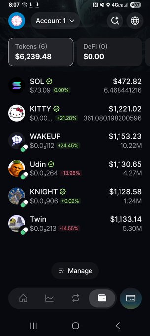 A mobile screenshot of a crypto wallet showing a portfolio value of $6,239.48, with holdings in tokens like SOL, KITTY, WAKEUP, Udin, KNIGHT, and Twin.