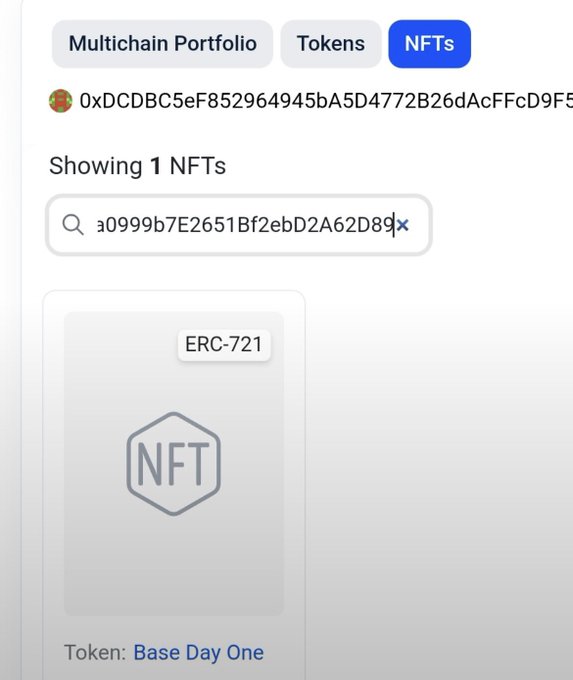 A cryptocurrency wallet interface showing a Multichain Portfolio with an ERC-721 NFT token labeled 'Base Day One' displayed.