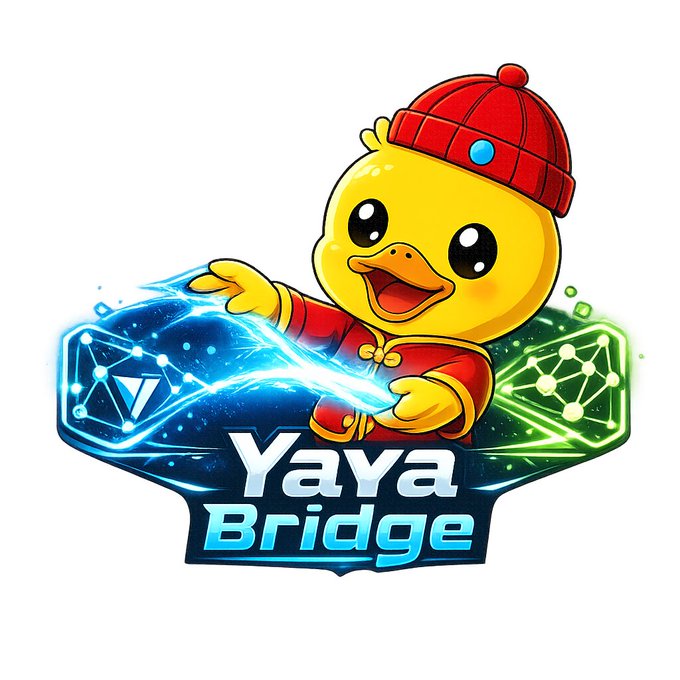 A logo featuring a cartoon duck wearing a red cap and outfit, wielding a blue energy sword, with the text 'Yaya Bridge' below it against a glowing geometric background.
