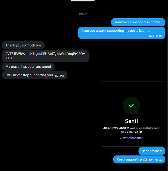 A DM conversation shows someone requesting a Solana wallet address and replying "i see you always supporting my posts brother," followed by the recipient sending 40.439227 ANSEM tokens to address 2VT5JFW8VzqiukJsduhEHAbJ7gJpW4kDnqPrCEQVT9, with a confirmation "Sent!" message displayed. The exchange aligns with the post describing the airdropping of $ANSEM tokens to supporters.