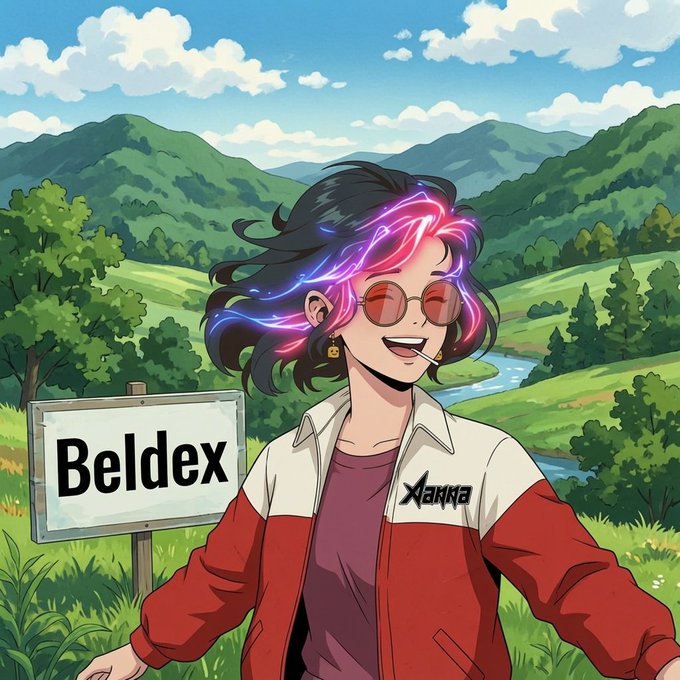Anime-style illustration of a smiling character with pink and purple neon hair, wearing sunglasses and a red and white jacket, standing in a green landscape next to a sign reading 'Beldex'.