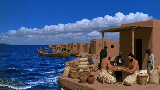 An illustration depicting an ancient coastal trading scene with people in traditional attire exchanging goods near adobe buildings, with wooden boats on the blue sea and a cloudy sky overhead.