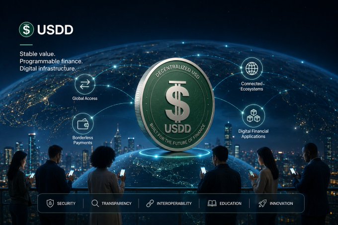 A promotional graphic for USDD, a decentralized USD stablecoin, featuring a large green coin with a dollar sign and the text 'DECENTRALIZED USD' and 'BUILT FOR THE FUTURE OF FINANCE'. The tagline reads 'Stable value. Programmable finance. Digital infrastructure.' with icons highlighting features like Global Access, Borderless Payments, Connected Ecosystems, and Digital Financial Applications.
