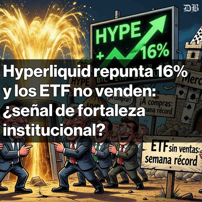 A Spanish-language financial graphic titled 'Hyperliquid repunta 16% y los ETF no venden: ¿señal de fortaleza institucional?' showing cartoon businessmen celebrating with signs reading 'ETF sin ventas: semana récord' and a green HYPE +16% chart.
