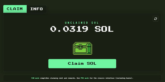 The image displays a digital wallet interface showing "UNCLAIMED SOL 0.0319 SOL" with a green "Claim SOL" button and a pixel-art treasure chest icon, illustrating the post's message about recovering leftover SOL rent from dormant token accounts on the Solana blockchain. The "FILL mode" and "PRO mode" labels at the bottom reference tools used to simplify the process of claiming these forgotten rent deposits.