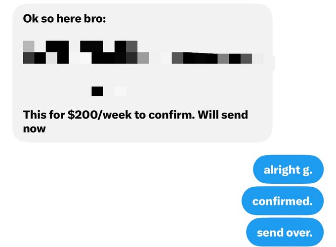 A text message exchange shows a sender offering "$200/week to confirm" with payment details, followed by the recipient replying "alright g. confirmed. send over." This corresponds to the post claiming another "$3,000 deal sealed" in the "WEB3" category.
