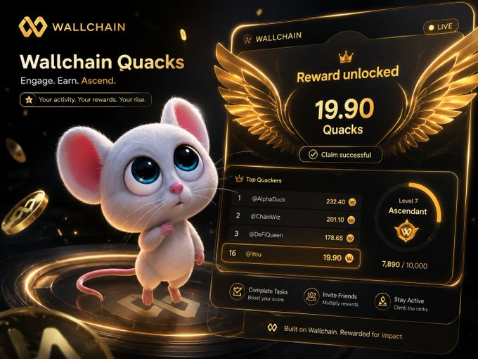 The image features a cartoon mouse standing next to a gold coin, with a website banner that reads "Wallchain Quacks" above them. The mouse appears to be looking down at something below it, possibly an email or a message on social media. The text in the image suggests that there is a campaign for wallchain Quacks and that the mouse has been rewarded for participating in it.