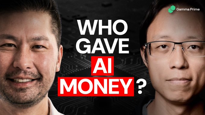 A thumbnail from Gamma Prime featuring two men on either side of bold text reading "WHO GAVE AI MONEY?" against a dark circuit-board background. The provocative question aligns with the post's discussion on how monetary policy and quantitative easing quietly transfer wealth, paralleling concerns over AI-driven economic shifts.