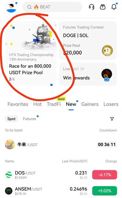 Screenshot of the Bitget cryptocurrency exchange app showing a circled 'HTX Trading Championship 13th Anniversary - Race for an 800,000 USDT Prize Pool' promotion, along with a DOGE/SOL Futures Trading Contest and market listings for DOS and ANSEM tokens.
