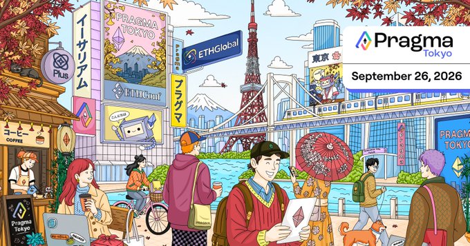 A colorful illustrated promotional graphic for 'Pragma Tokyo' event on September 26, 2026, featuring Tokyo landmarks like Tokyo Tower, cartoon characters, and 'ETHGlobal' signage.