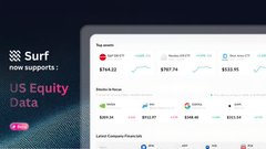 A promotional graphic for Surf showing a dashboard interface with portfolio data and the tagline 'US Equity Data' displayed on the left side.