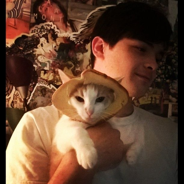 Warmly lit photo of a young man in a white shirt holding a white cat that has a slice of bread or similar object around its neck, with vintage posters on the wall behind them.