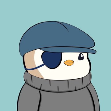 A cute cartoon penguin wearing a blue flat cap, an eye patch, and a gray turtleneck sweater against a teal background.