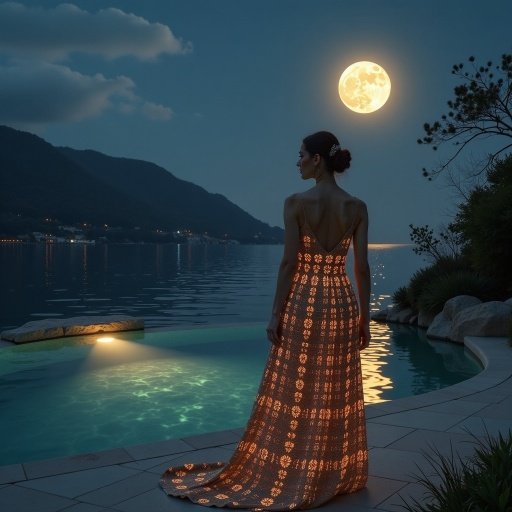 A woman in a long, backless gown with illuminated orange patterns stands by a pool at night, gazing at a full moon over a serene bay.