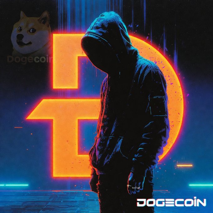 A stylized digital artwork features a silhouetted hooded figure standing in front of a glowing orange Dogecoin logo, with the Dogecoin name and 'DOGECOIN' text visible.