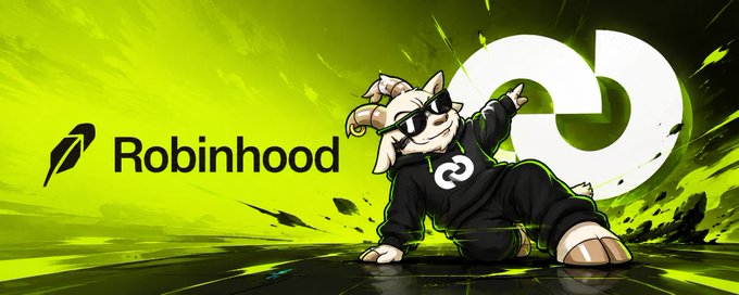 A bright green promotional graphic for 'Robinhood' features a cool goat character in sunglasses and a hoodie posing dynamically.