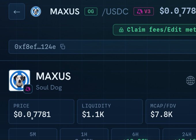 A trading interface displays details for a MAXUS/USDC pair priced at $0.07781, showing the token "Soul Dog" with a $1.1K liquidity. The meme coin named "MAXUS" appears to reference Circle CEO Jeremy Allaire's dog Maximus, humorously confirming the post's claim that a token was created after his pet.