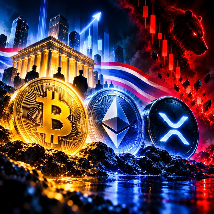 A dramatic crypto-themed illustration featuring three glowing coins—Bitcoin (B), Ethereum (ETH), and XRP (XRP)—set against a backdrop of bearish red market candles, a shadowy bear silhouette, institutional figures, and an ascending arrow, visually contrasting the bullish regulatory developments with ongoing market risks highlighted in the post.