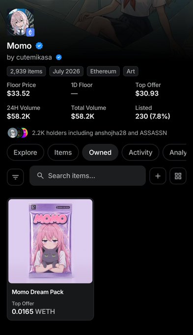 A mobile screenshot of the OpenSea NFT marketplace showing the 'Momo' collection by cutemikasa on Ethereum, with 2,939 items, a floor price of $33.52, 2.2K holders, and featuring a 'Momo Dream Pack' listed for 0.0165 WETH.