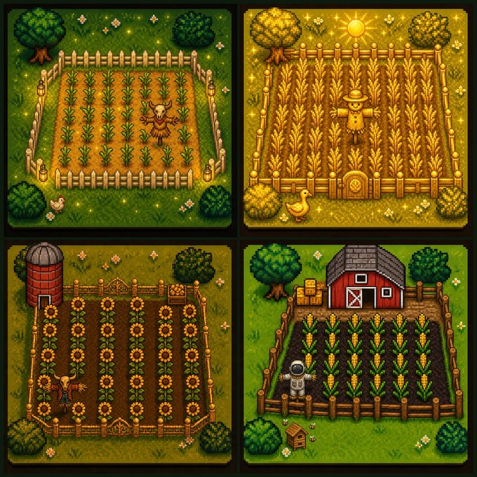Four pixel-art farm scenes are displayed in a grid, each featuring fenced crop areas with a scarecrow: a night scene with corn, a sunny day scene with a duck, a sunflower field with a silo, and a cornfield with an astronaut and a red barn.