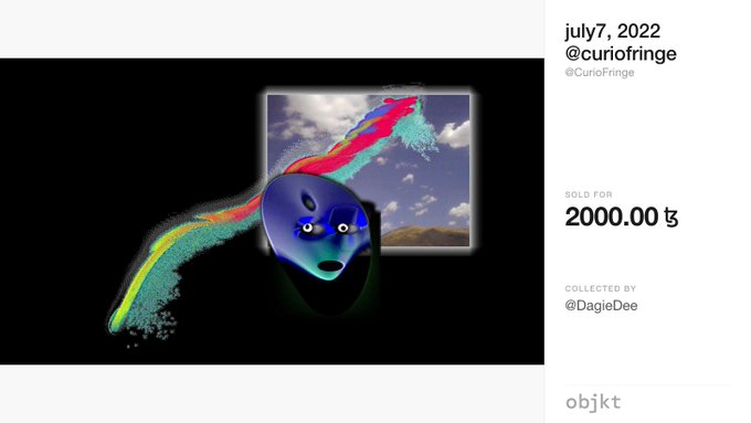 An objkt NFT listing for a digital artwork by @curiofringe dated 'july7, 2022' featuring a colorful face with a rainbow trail, sold for 2000.00 tz to @DagleDee.