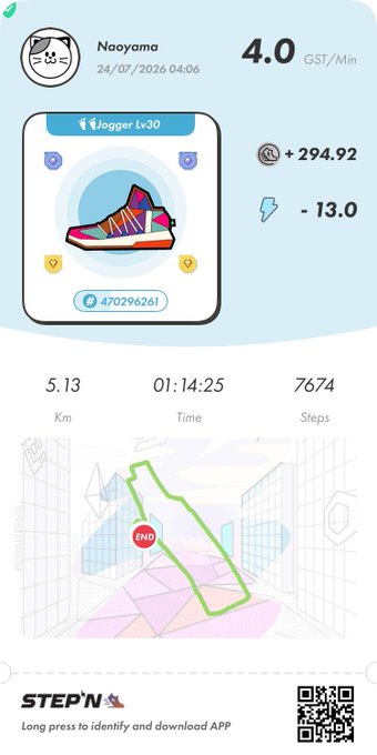 A STEP'N app screenshot showing a user 'Naoyama' earning 4.0 GST/Min with a Level 30 Jogger sneaker (ID 470296261), having completed a 5.13 km walk in 01:14:25 with 7,674 steps.