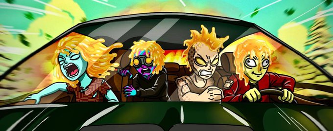 A cartoon illustration shows four zombie-like figures with exaggerated features riding in a car, tying into the post's theme of "waxed corny figures" coming to Robinhood via the $FULE token giveaway contest offering 15 GTD spots.