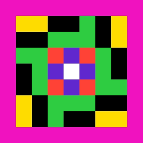 A vibrant pixel-art style geometric design featuring a magenta border with nested squares of yellow, black, green, red, purple, and a white center.