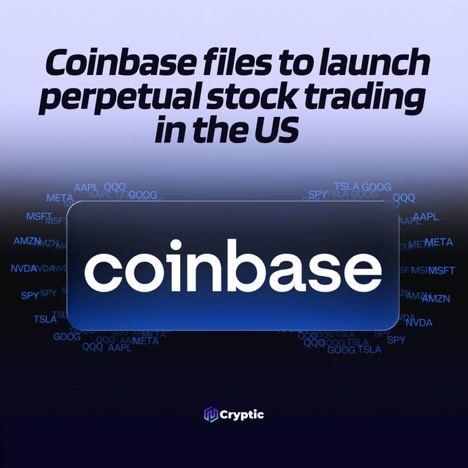 A graphic image with the headline "Coinbase files to launch perpetual stock trading in the US" at the top, featuring the blue Coinbase logo in the center surrounded by stock tickers including AAPL, QQQ, GOOG, META, MSFT, AMZN, NVDA, SPY, and TSLA in light blue text against a dark blue gradient background, with a "Cryptic" watermark at the bottom, illustrating Coinbase's SEC filings to introduce single-stock perpetual contracts through its derivatives exchange and broker in the US market.