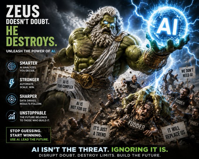 A muscular, lightning-wielding Zeus figure stands triumphantly over a crowd of people holding signs like "WE DON'T NEED AI," "FUDDER," and "AI IS TOO COMPLEX," while holding a glowing blue AI orb. The graphic promotes AI adoption with bold text declaring "ZEUS DOESN'T DOUBT. HE DESTROYS. UNLEASH THE POWER OF AI" and "AI ISN'T THE THREAT. IGNORING IT IS," visually aligning with the post's message about overcoming skepticism and acting decisively on AI before being left behind, tied to the $ION crypto token.
