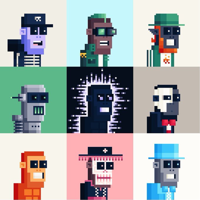 A 3x3 grid of pixel art portraits featuring various stylized characters, including a skeleton, a person with a green mohawk, a robot, and others wearing different hats and outfits.