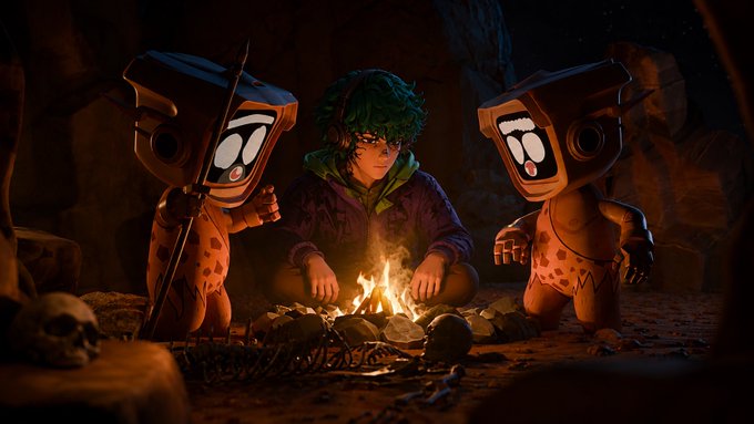 A 3D animated scene of a green-haired character sitting by a campfire in a cave, flanked by two small robot-like figures with screen faces, with skulls scattered on the ground.
