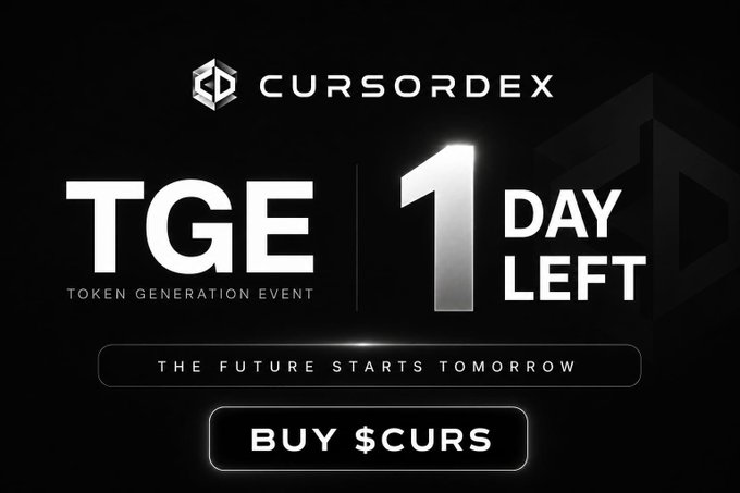 A dark promotional banner for CURSORDEX announcing '1 DAY LEFT' until the TGE (Token Generation Event) with text 'THE FUTURE STARTS TOMORROW' and a 'BUY $CURS' button.