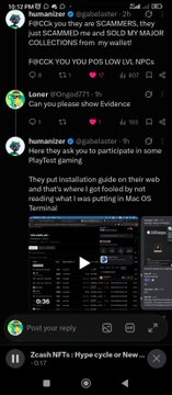 A screenshot of a social media thread shows users discussing a SCAMMER video using deepfake technology of Mark Zuckerberg, with one comment mentioning a PlayFest gaming guide posted in Mac OS Terminal.