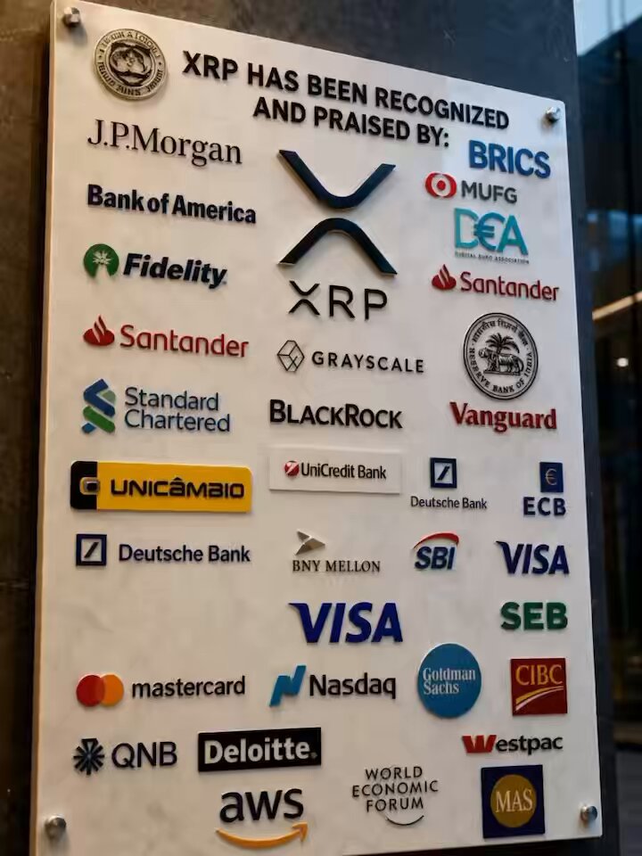 The image features a white sign that displays various logos of companies such as Jp Morgan, Unicamobile, Deutsche Bank, Goldman Sachs, BlackRock, Visa, and others. The sign also includes text that reads "XRP has been recognized by Jp Morgan & praised by BRICs", indicating the recognition and praise given to Ripple cryptocurrency. This recognition could be due to Ripple's impact on global finance or its potential for real-world utility in various industries.

The image is part of a larger series of logos, with each logo representing a different company that has been recognized or praised by financial institutions or organizations worldwide. The sign serves as a visual representation of the growing recognition and adoption of Ripple cryptocurrency across various sectors of global finance.