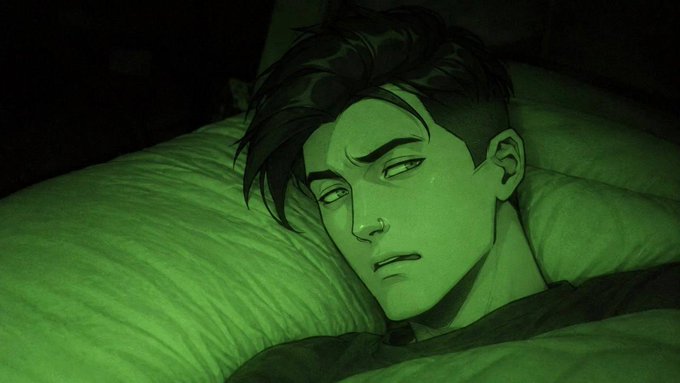 A man with glowing green eyes and hair lies on a pillow, wearing a worried or distressed expression, bathed in a green hue. The image conveys a sense of melancholy or unease, which contrasts humorously with the optimistic "Uptober" sentiment of the post, suggesting the crypto market hasn't quite turned upward yet for this trader.