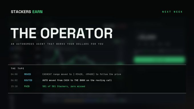 A dark promotional webpage for 'STACKERS EARN' features 'THE OPERATOR - AN AUTONOMOUS AGENT THAT WORKS YOUR DOLLARS FOR YOU' with a 'THE TAPE' log showing entries like 'MOVED', 'ROUTED', and 'PAID'.
