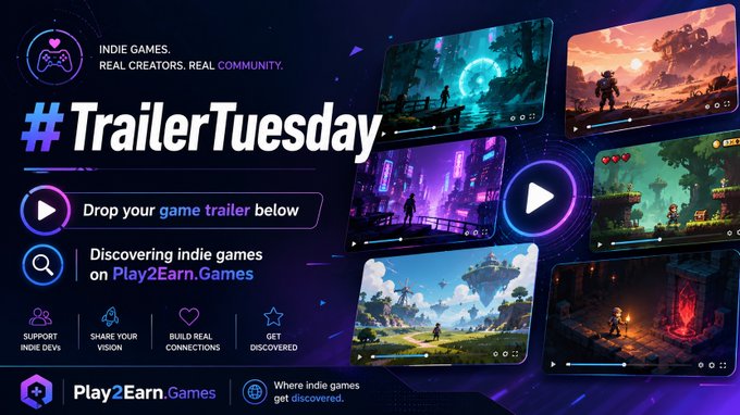 A promotional graphic for '#TrailerTuesday' by Play2Earn.Games, featuring indie game trailer thumbnails and text about discovering indie games.
