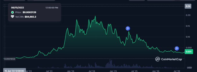 A CoinMarketCap cryptocurrency price chart displaying a token dated 06/15/2022 at 12:00 PM with a price of $0.0003128, 24h volume of $84,682.3, showing a price history that peaked in early 2024 and declined to $0.031 by January 2026.