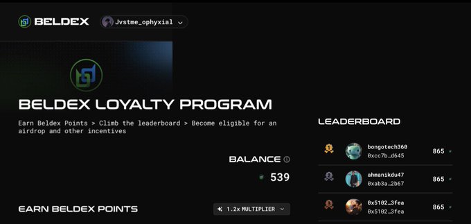 A webpage for the 'BELDEX LOYALTY PROGRAM' showing a user balance of 539 points and a leaderboard with top users like 'bongotech368' and 'ahmaniskdu47'.