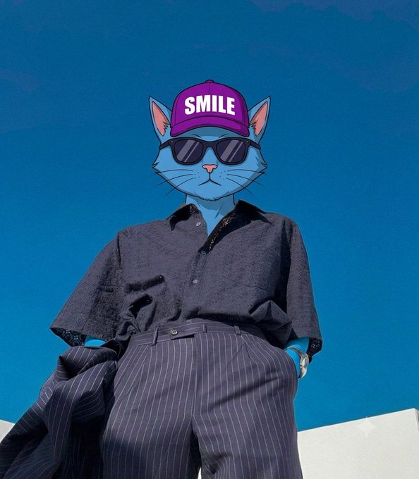 A stylized photo of a figure wearing a black shirt and pinstripe pants, with a cartoon blue cat head, purple sunglasses, and a cap reading 'SMILE'.