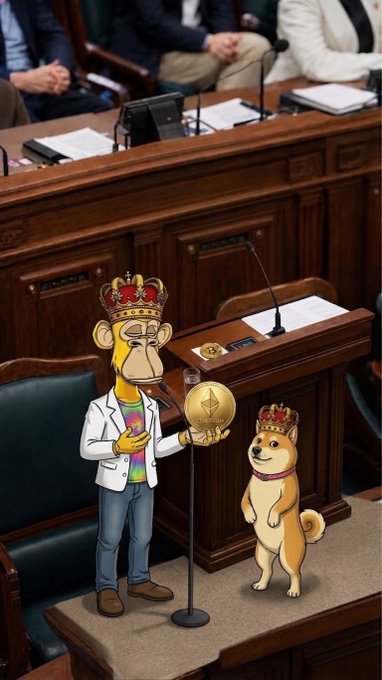 Two cartoon figures—an anthropomorphic monkey in a tie-dye shirt wearing a golden crown, and a Shiba Inu dog also sporting a crown—stand on the floor of what appears to be a legislative chamber, with the monkey holding a golden Doge-style coin emblem near a microphone. The image humorously depicts royalty in the political space, suggesting ETH is in a "kingly" or favorable position right now, crowned alongside its meme-coin counterparts.