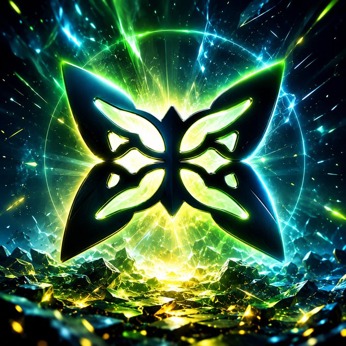 A vibrant digital artwork featuring a glowing green and black butterfly emblem surrounded by explosive light rays and crystalline shards.
